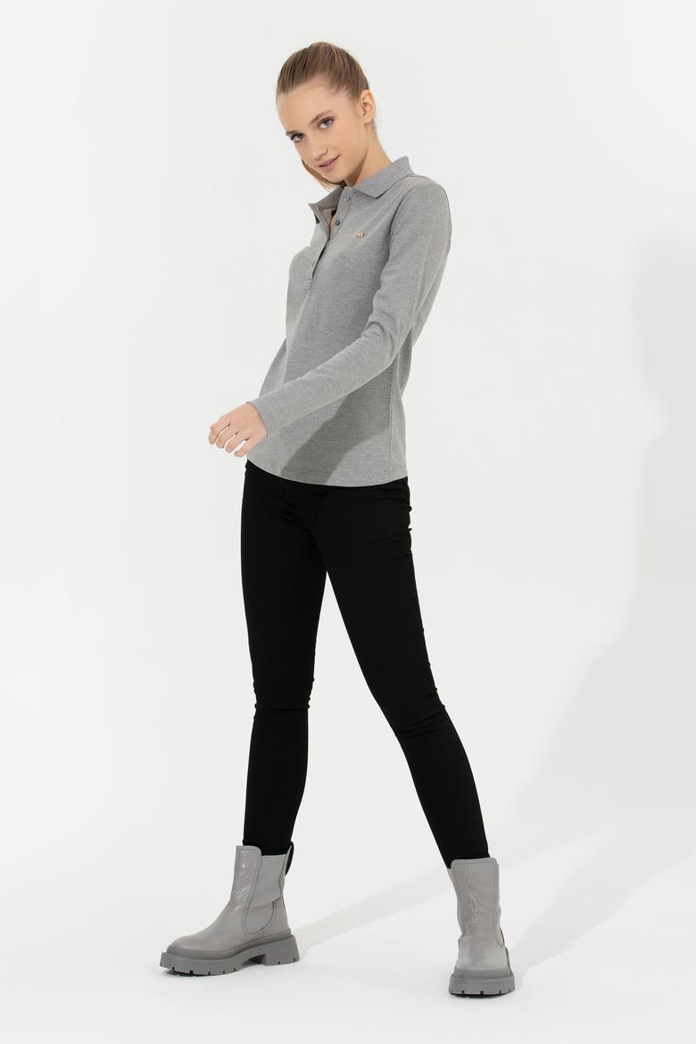 Kadın Gri Melanj Basic Polo Yaka Sweatshirt - 50261237054