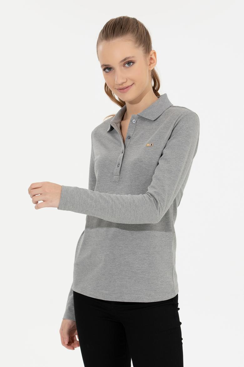 Kadın Gri Melanj Basic Polo Yaka Sweatshirt - 50261237054