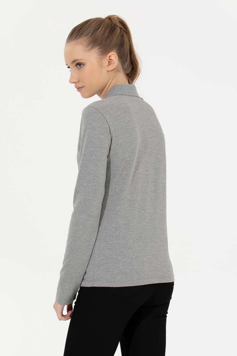 Kadın Gri Melanj Basic Polo Yaka Sweatshirt - 50261237054
