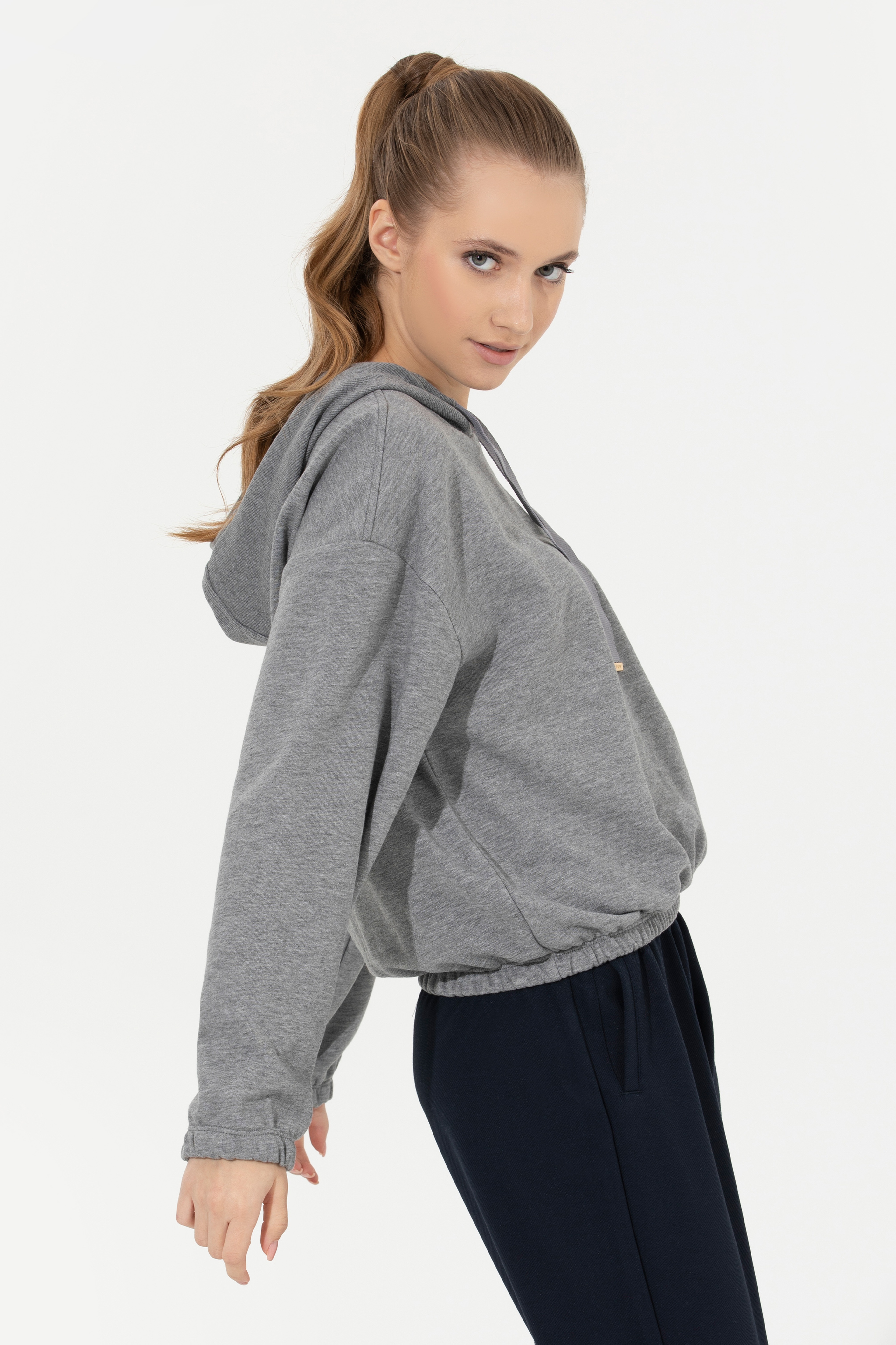 Kadın Gri  Melanj Kapüşonlu Sweatshirt