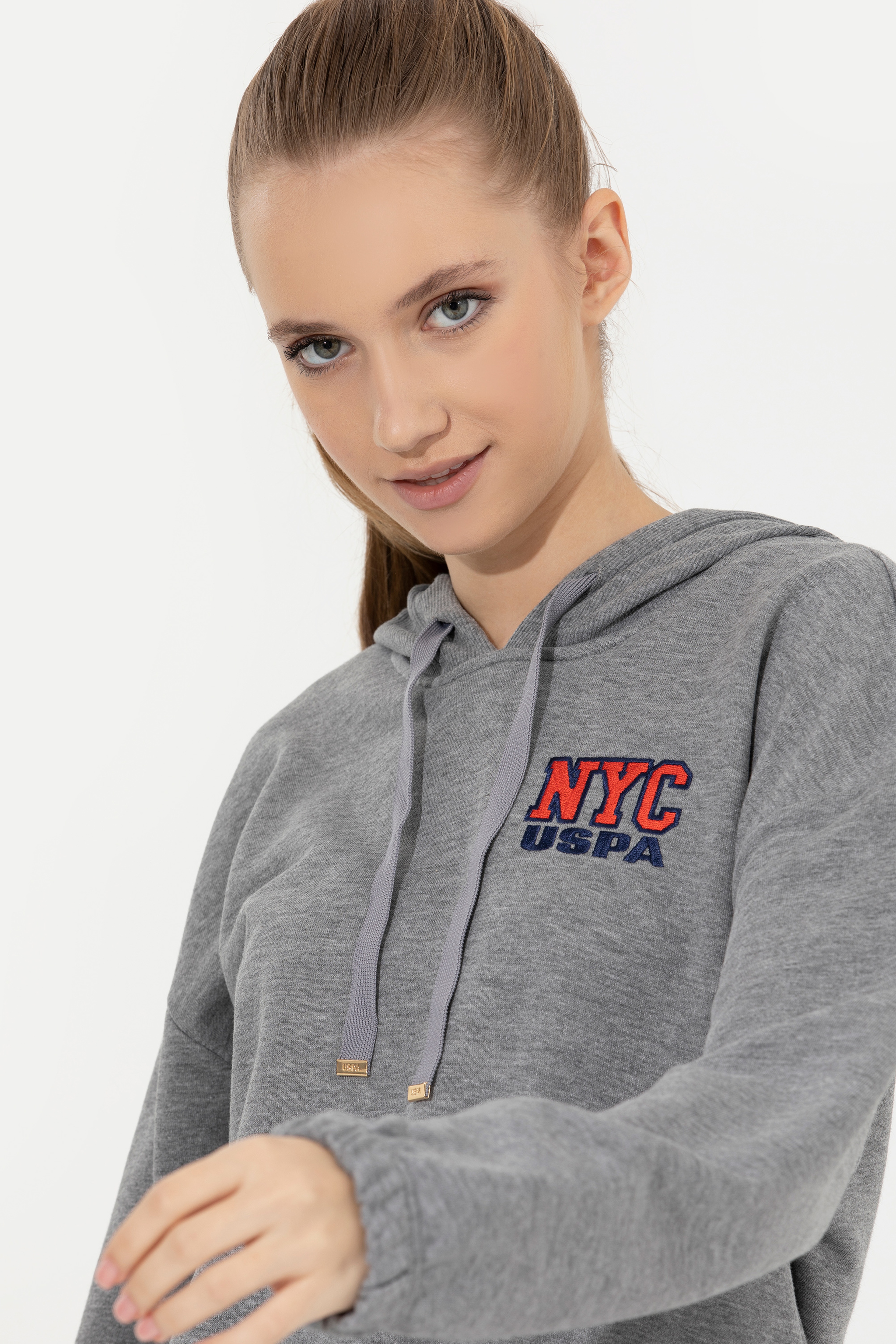 Kadın Gri Melanj Kapüşonlu Sweatshirt - Image 2
