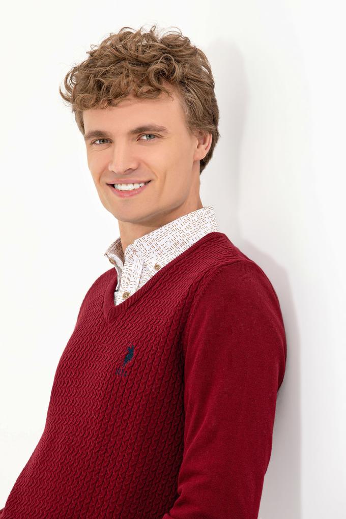 Erkek Bordo V Yaka Basic Triko Kazak