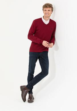 Erkek Bordo V Yaka Basic Triko Kazak - 50253444024