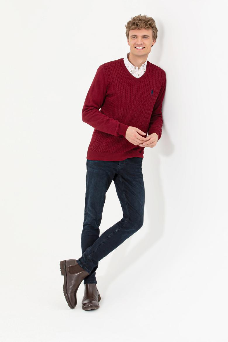 Erkek Bordo V Yaka Basic Triko Kazak - 50253444024