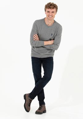 Erkek Gri Melanj Bisiklet Yaka Basic Triko Kazak - 50253443112