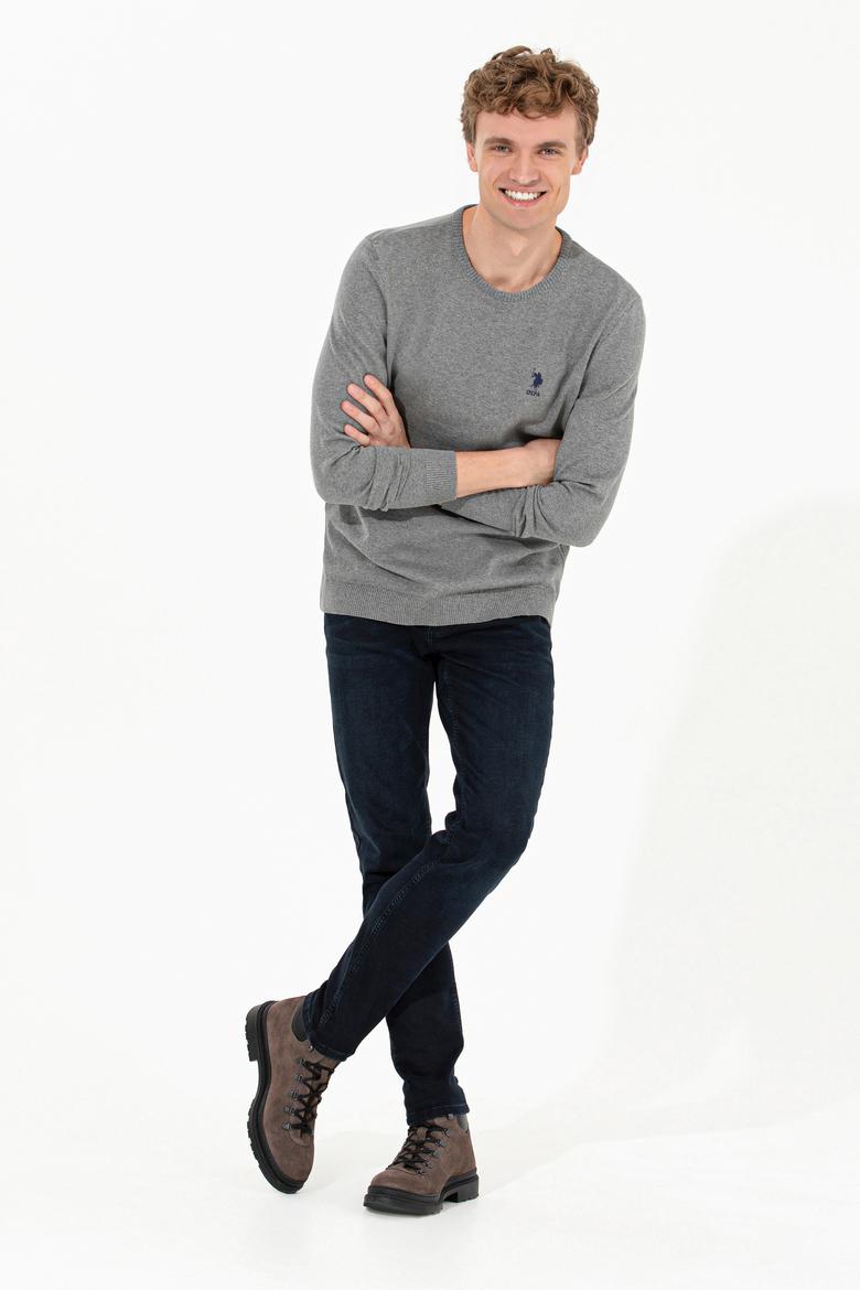 Erkek Gri Melanj Bisiklet Yaka Basic Triko Kazak - 50253443112