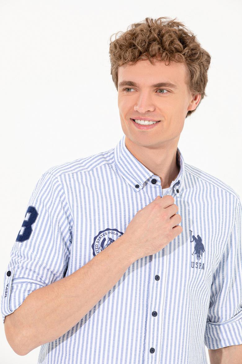 Erkek Royal Blue Düğmeli Yaka Gömlek Uzunkol