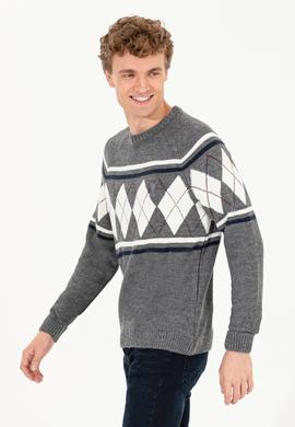 Erkek Gri Melanj Bisiklet Yaka Triko Kazak - 50258079027