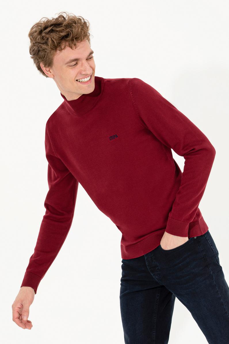 Erkek Bordo Balıkçı Yaka Basic Triko Kazak