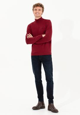 Erkek Bordo Balıkçı Yaka Basic Triko Kazak - 50257605018