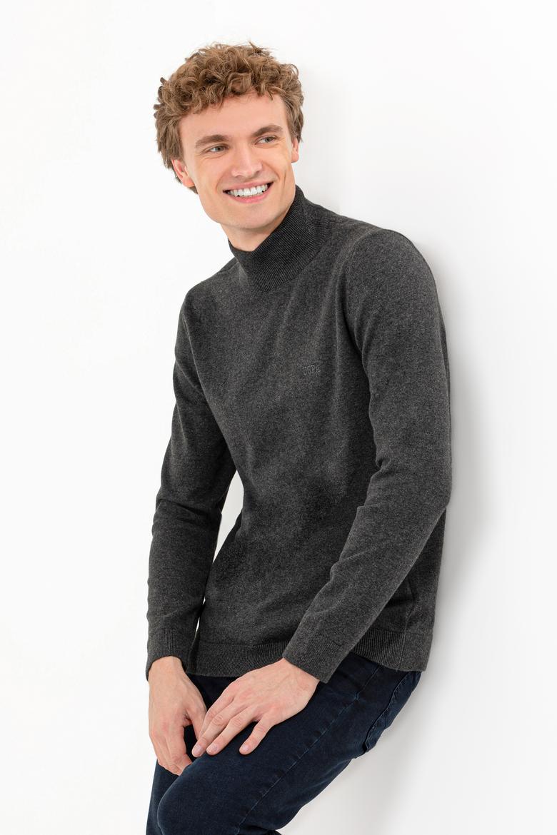 Erkek Antrasit Melanj Balıkçı Yaka Basic Triko Kazak