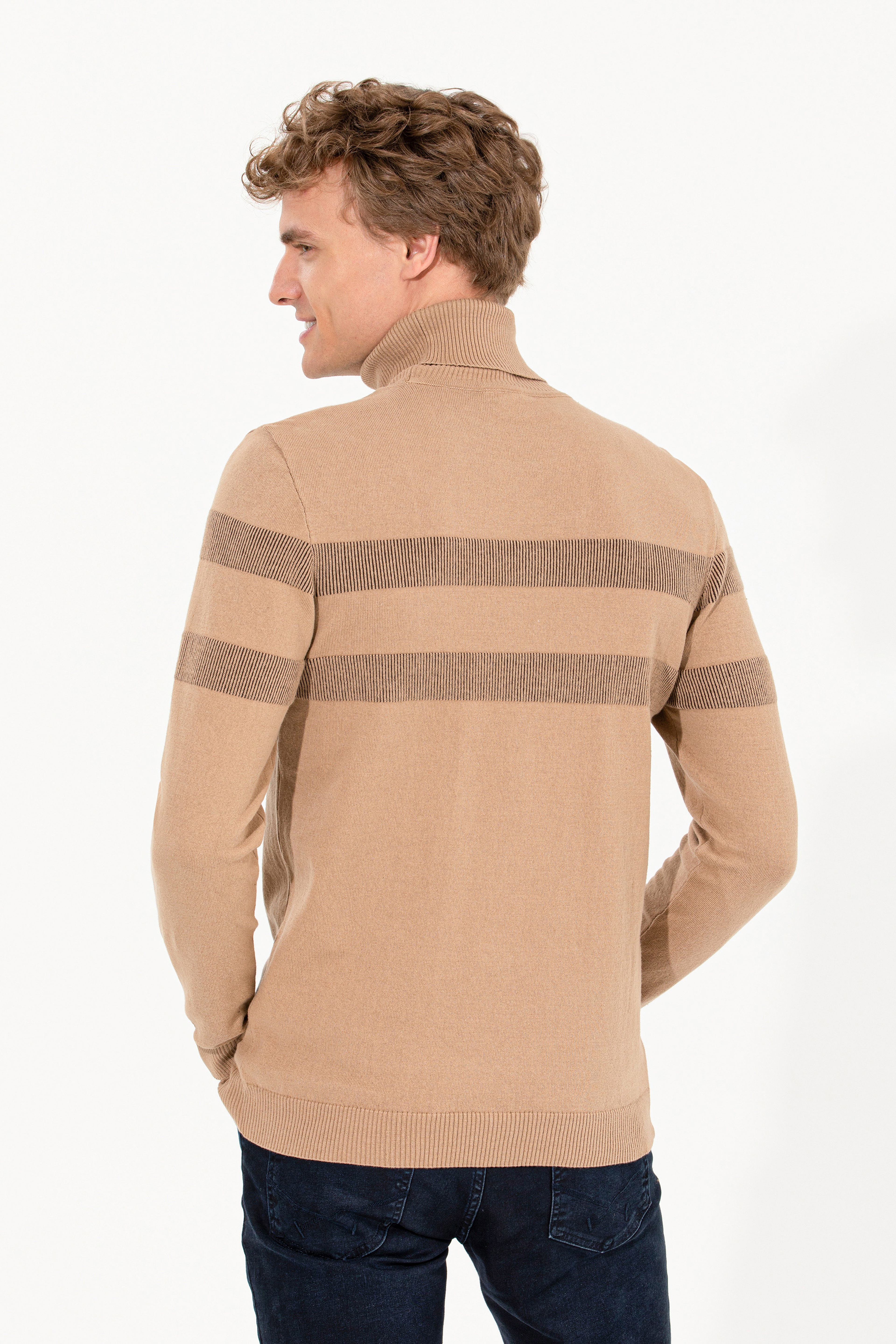 Erkek Camel Melanj Balıkçı Yaka Triko Kazak - Image 5