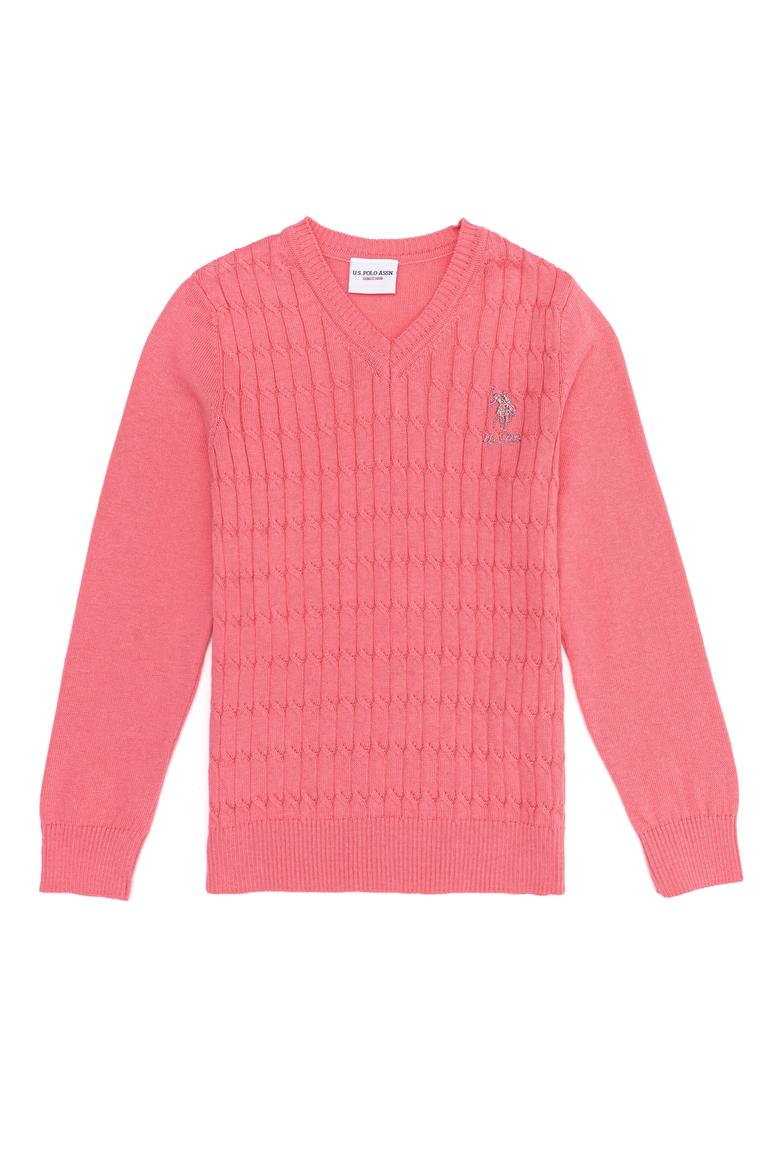 Kız Çocuk Açık Pembe Bisiklet Yaka Basic Kazak