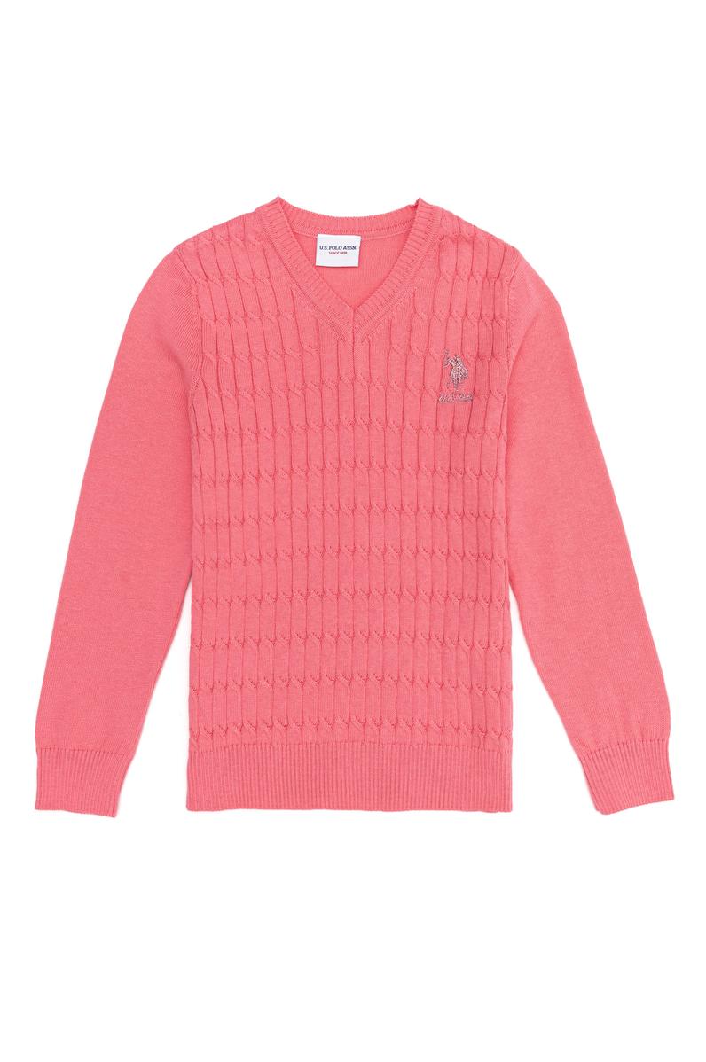 Kız Çocuk Açık Pembe Bisiklet Yaka Basic Kazak