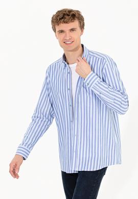 Erkek Mavi Çizgili Beyaz Gömlek - 50254326013