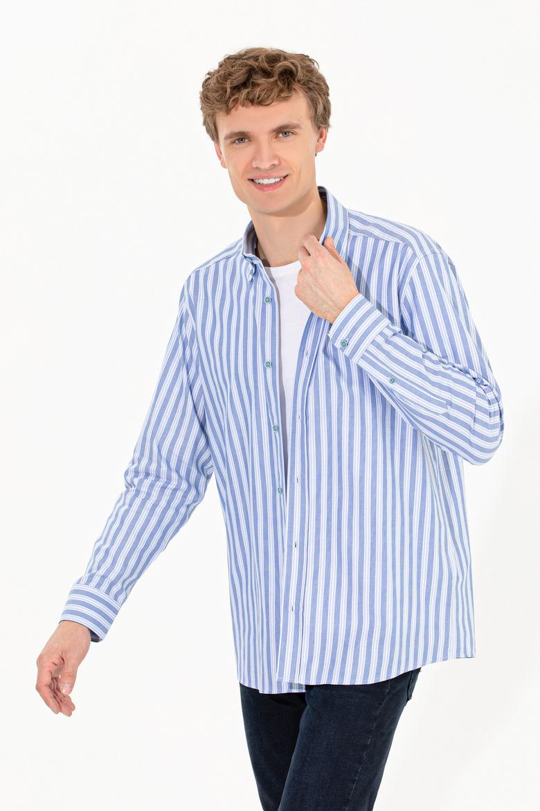 Erkek Mavi Çizgili Beyaz Gömlek - 50254326013