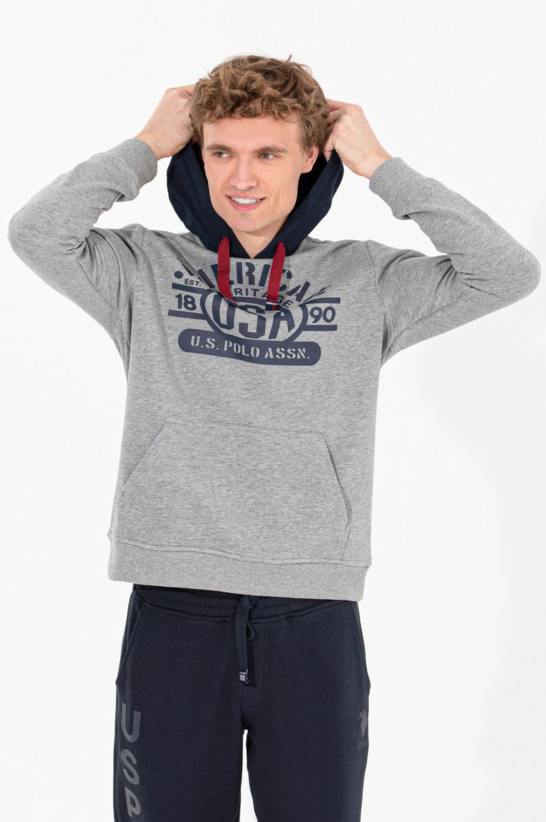 Erkek Gri Melanj Kapüşonlu Sweatshirt