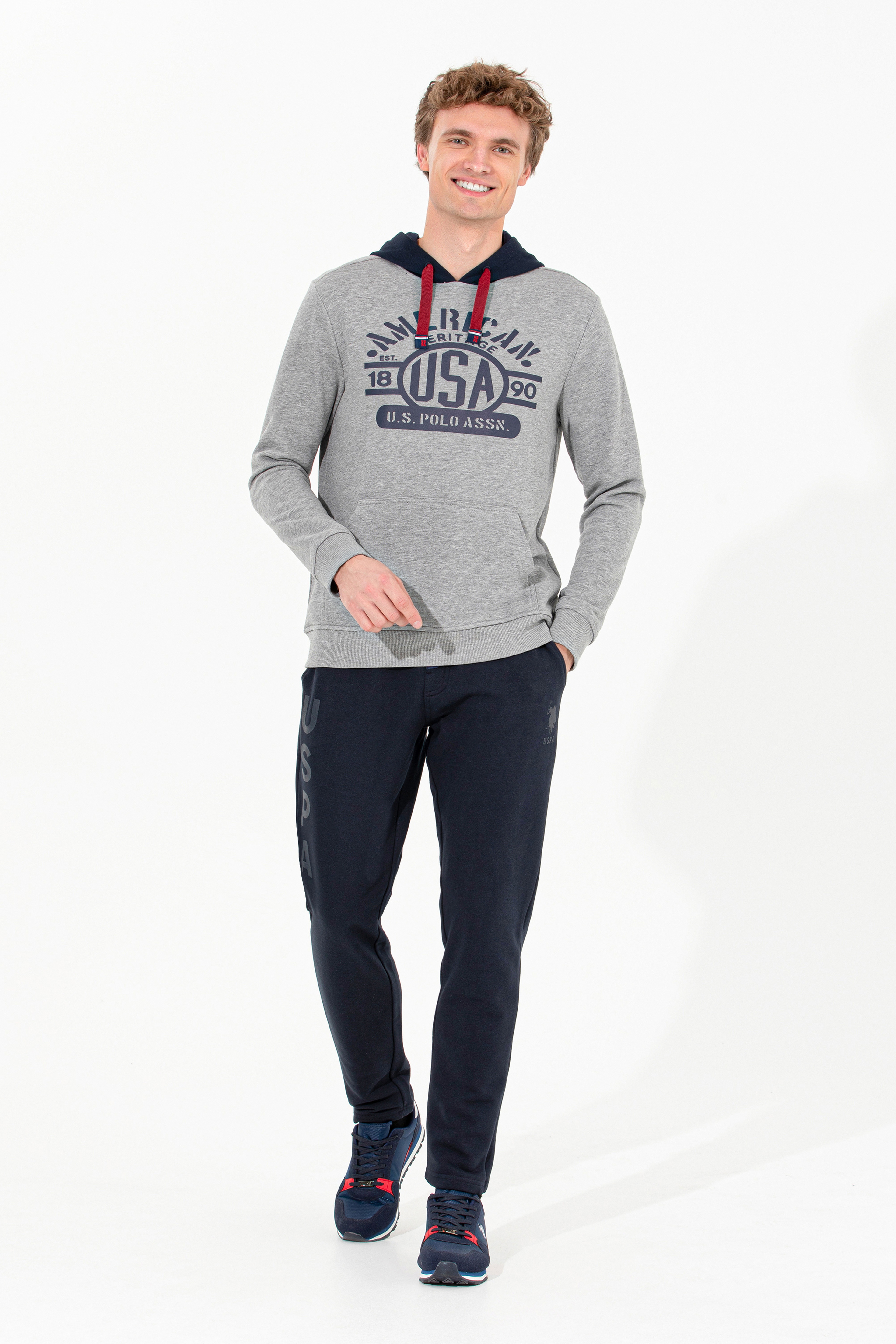 Erkek Gri Melanj Kapüşonlu Sweatshirt