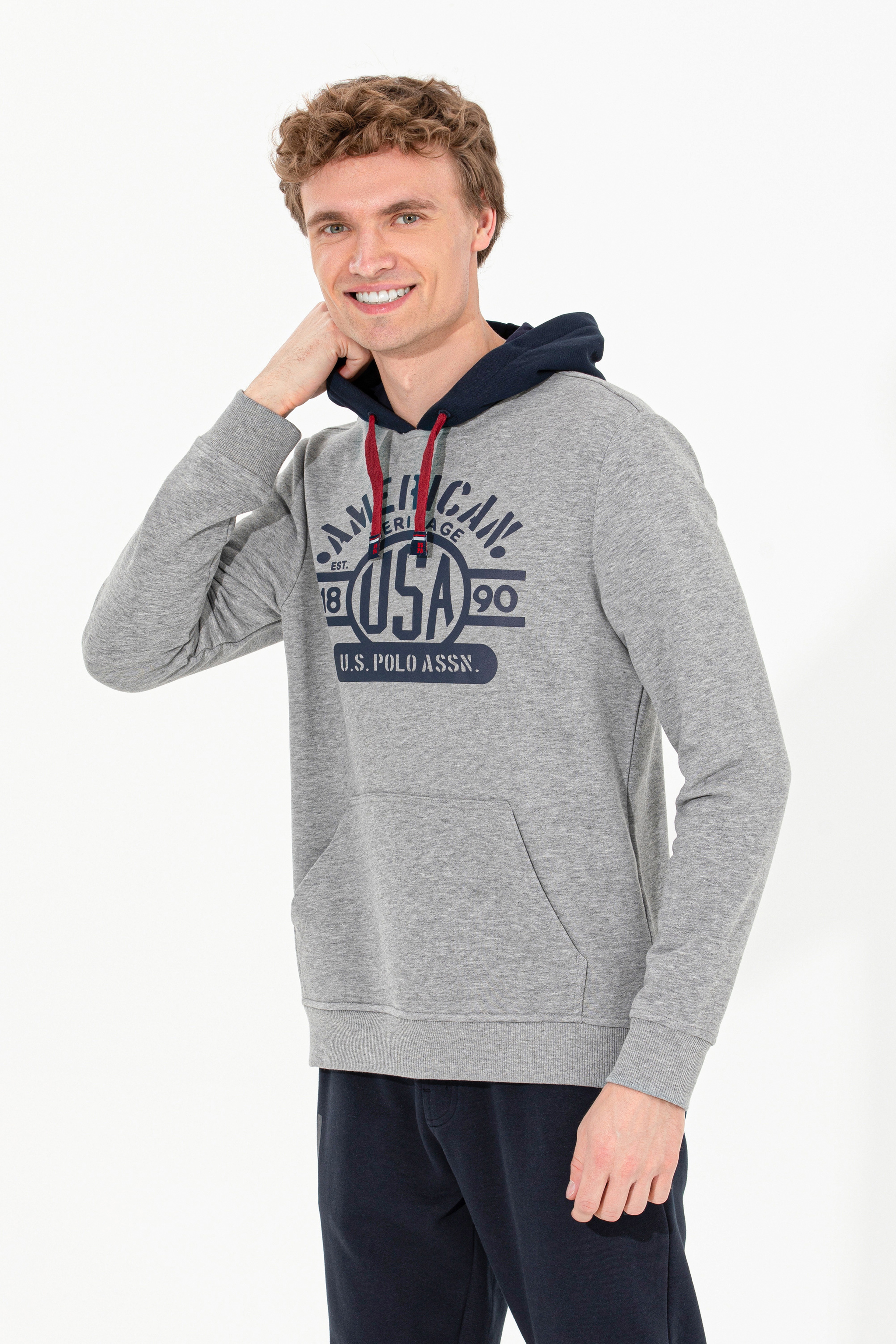 Erkek Gri Melanj Kapüşonlu Sweatshirt - Image 3