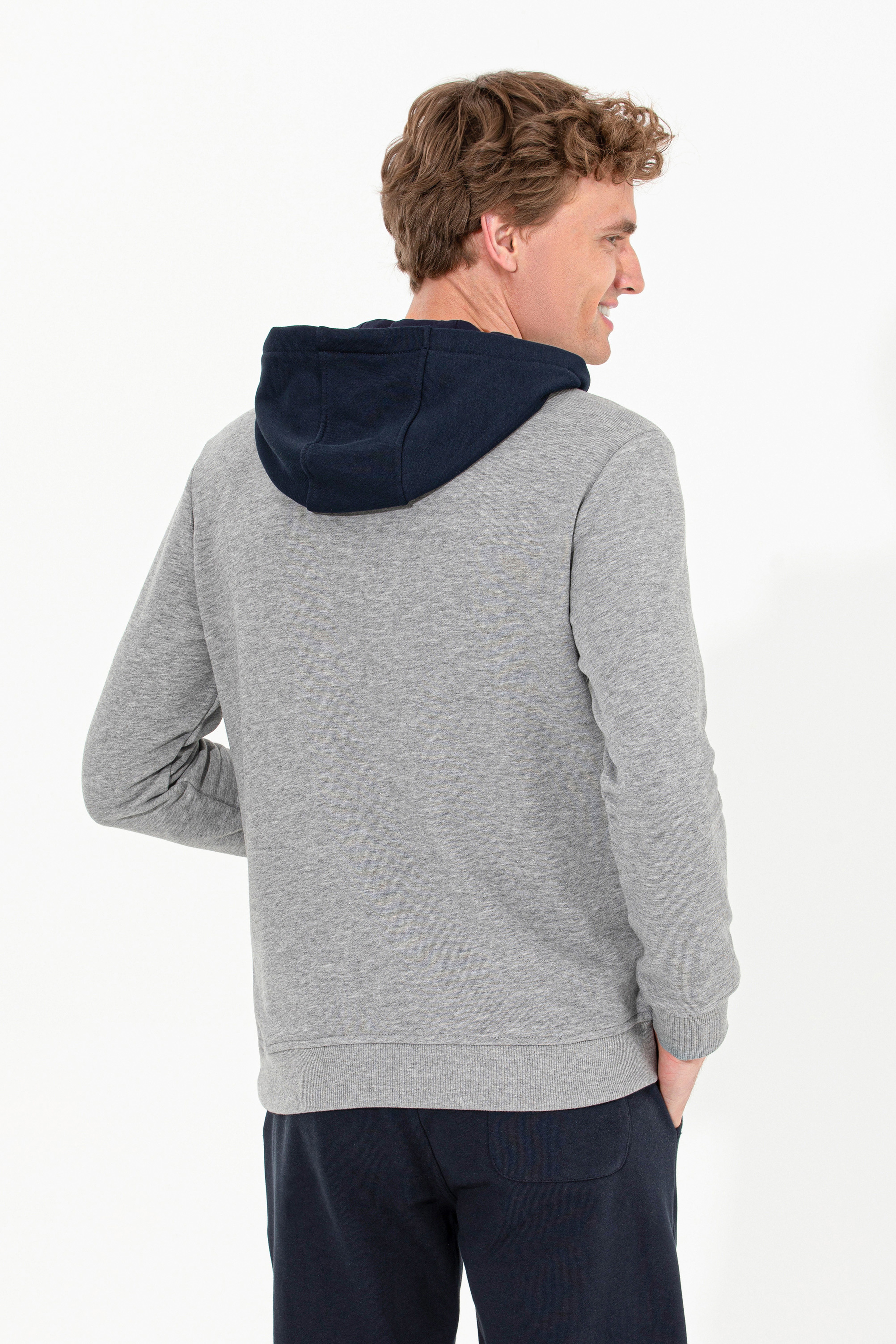 Erkek Gri Melanj Kapüşonlu Sweatshirt