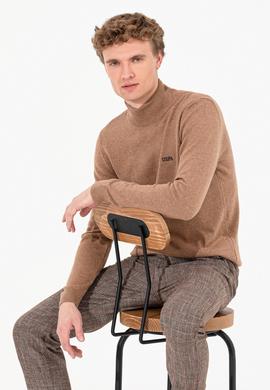 Erkek Camel Melanj Balıkçı Yaka Basic Triko Kazak - 50257605044