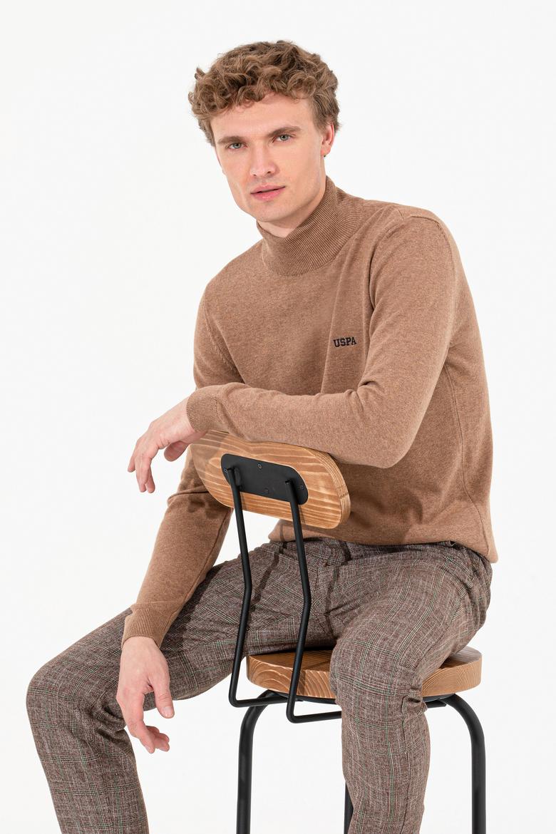 Erkek Camel Melanj Balıkçı Yaka Basic Triko Kazak - 50257605044