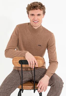 Erkek Camel Melanj Balıkçı Yaka Basic Triko Kazak - 50257605044