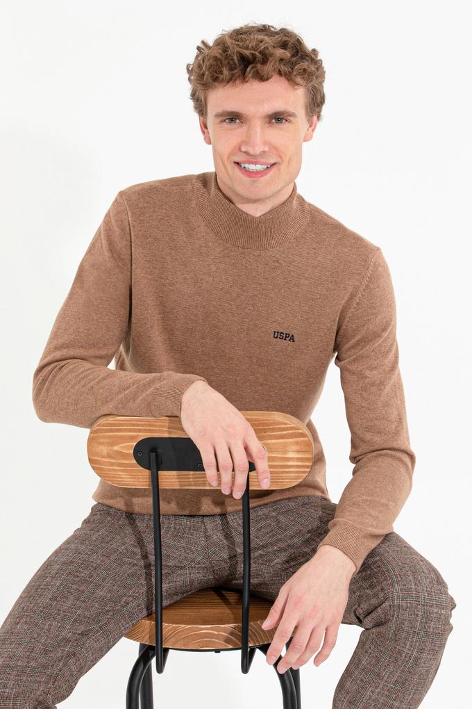 Erkek Camel Melanj Balıkçı Yaka Basic Triko Kazak