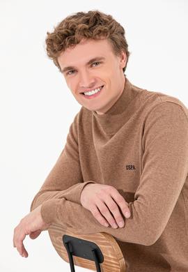 Erkek Camel Melanj Balıkçı Yaka Basic Triko Kazak - 50257605044