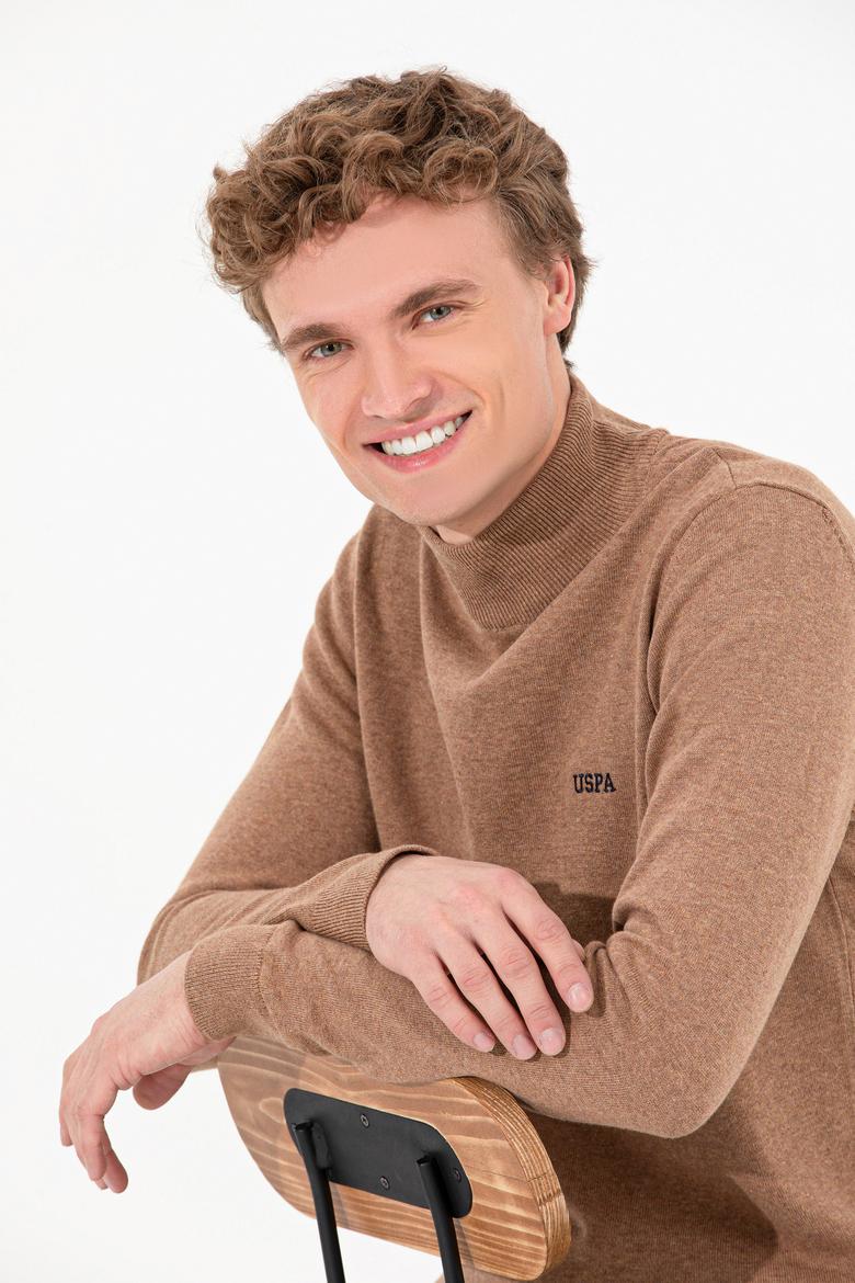 Erkek Camel Melanj Balıkçı Yaka Basic Triko Kazak - 50257605044