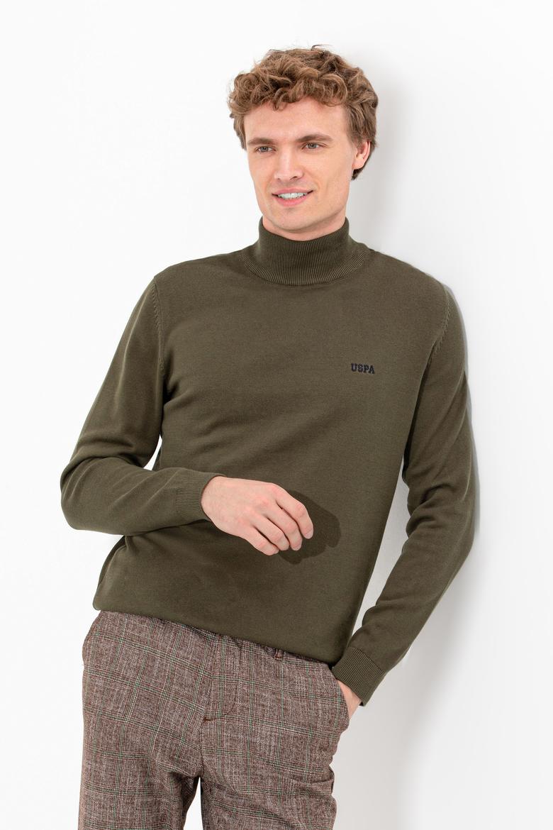 Erkek Haki Balıkçı Yaka Basic Triko Kazak