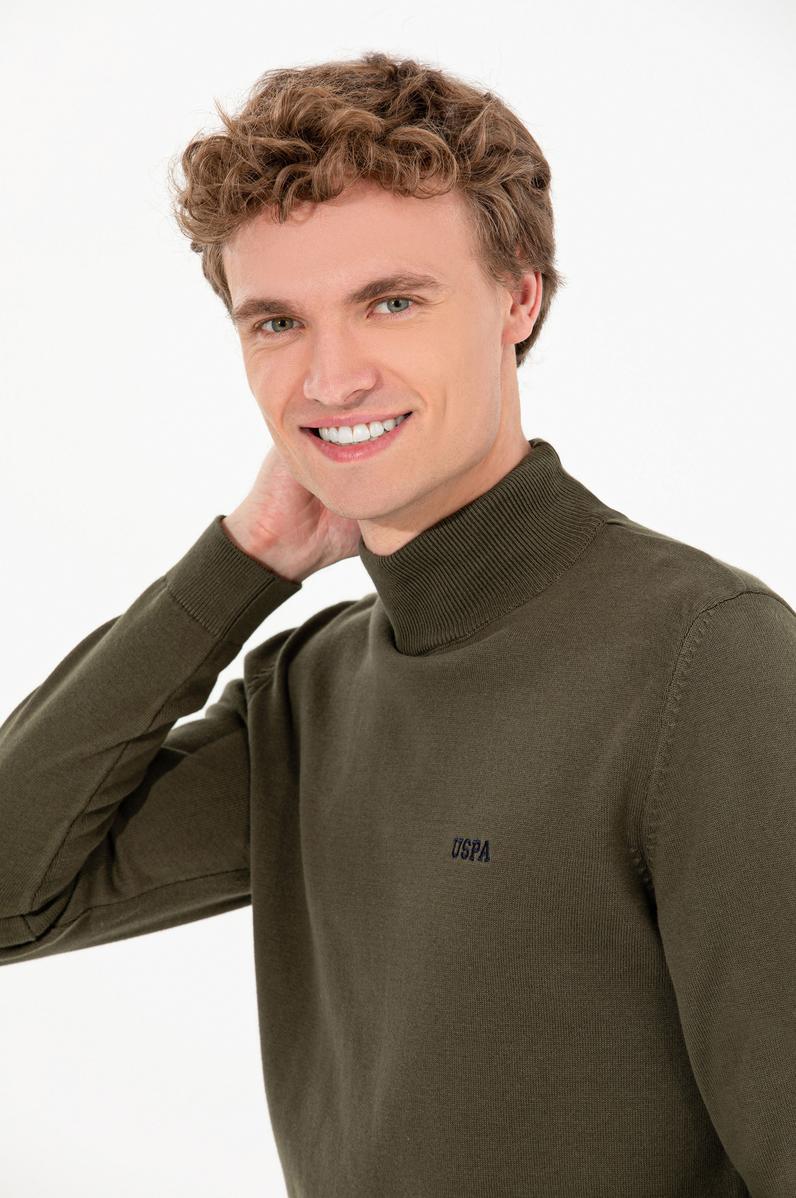 Erkek Haki Balıkçı Yaka Basic Triko Kazak