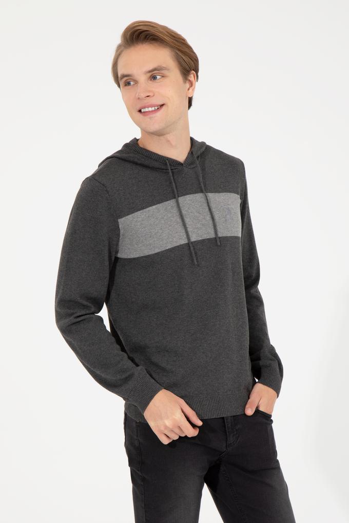 Erkek Antrasit Melanj Kapüşonlu Triko Kazak