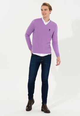 Erkek Lila V Yaka Basic Triko Kazak - 50251877151