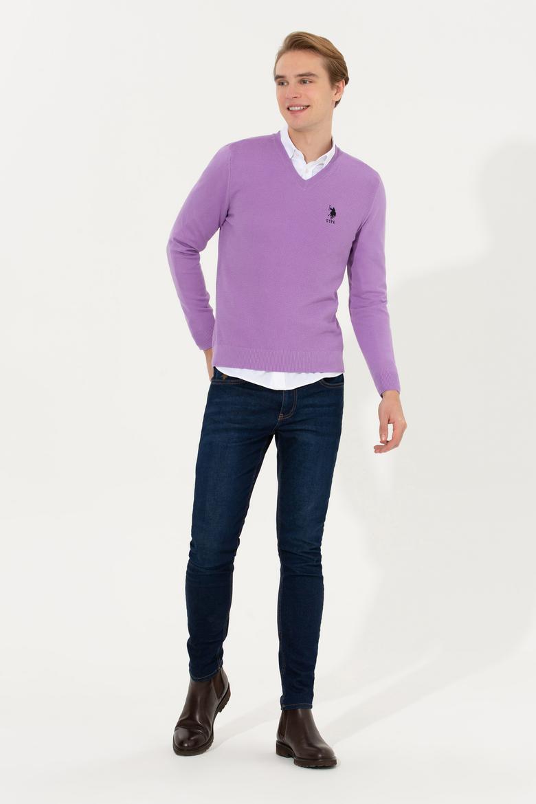 Erkek Lila V Yaka Basic Triko Kazak - 50251877151