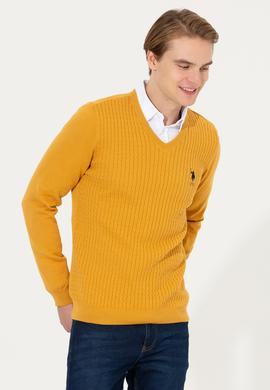 Erkek Safran V Yaka Basic Triko Kazak - 50253444044