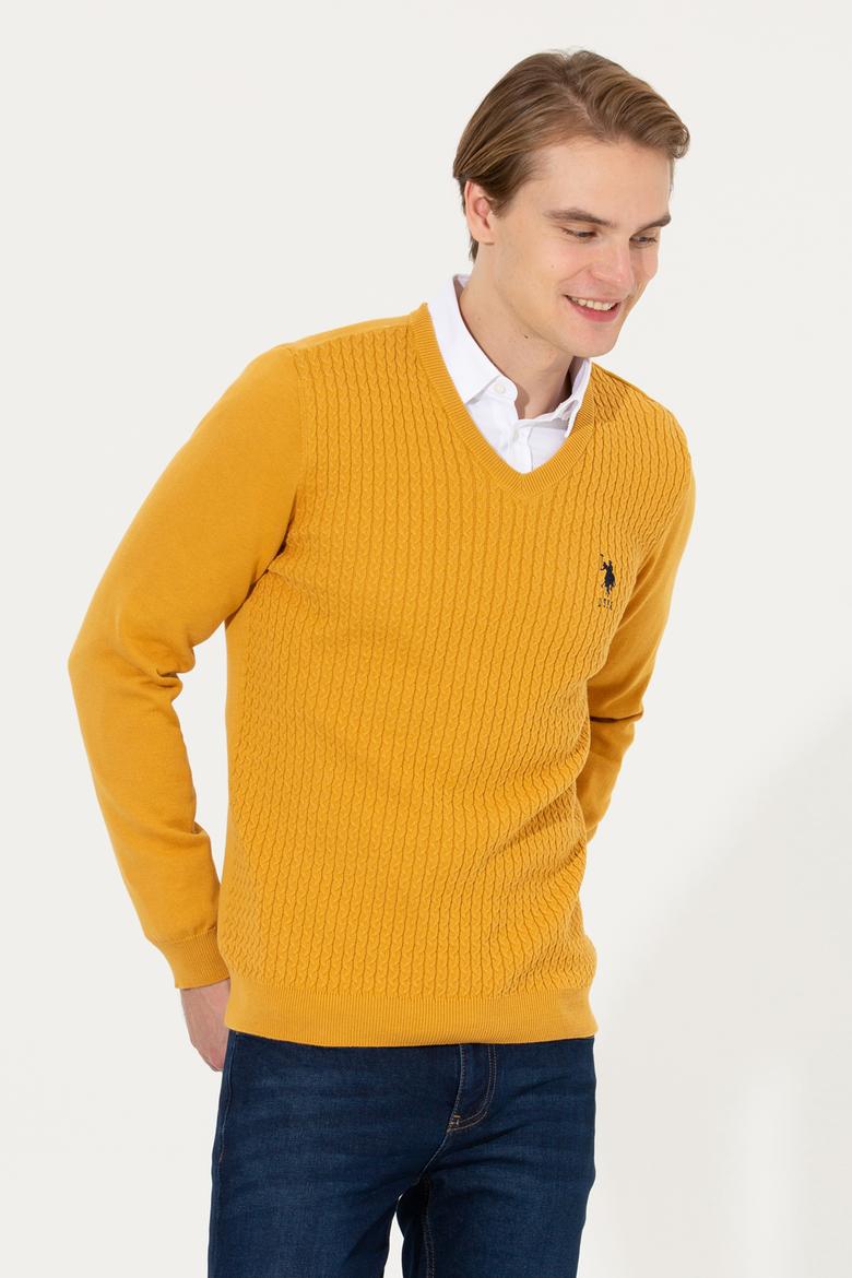 Erkek Safran V Yaka Basic Triko Kazak - 50253444044