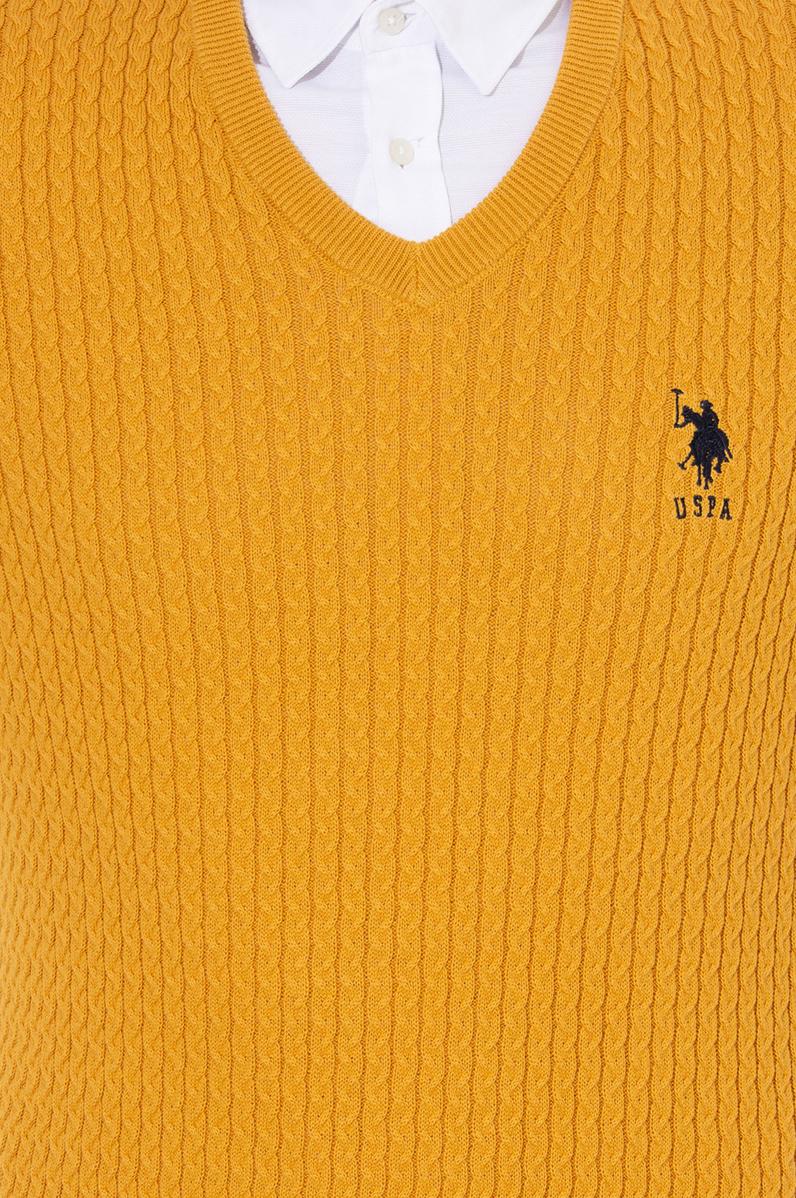 Erkek Safran V Yaka Basic Triko Kazak