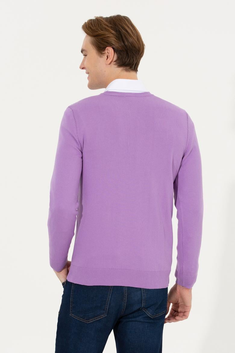 Erkek Lila V Yaka Basic Triko Kazak - 50251877151