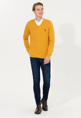 Erkek Safran V Yaka Basic Triko Kazak - 50253444044