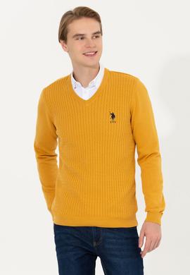 Erkek Safran V Yaka Basic Triko Kazak - 50253444044