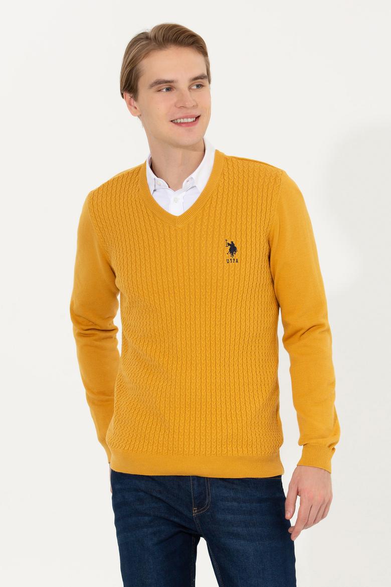 Erkek Safran V Yaka Basic Triko Kazak - 50253444044