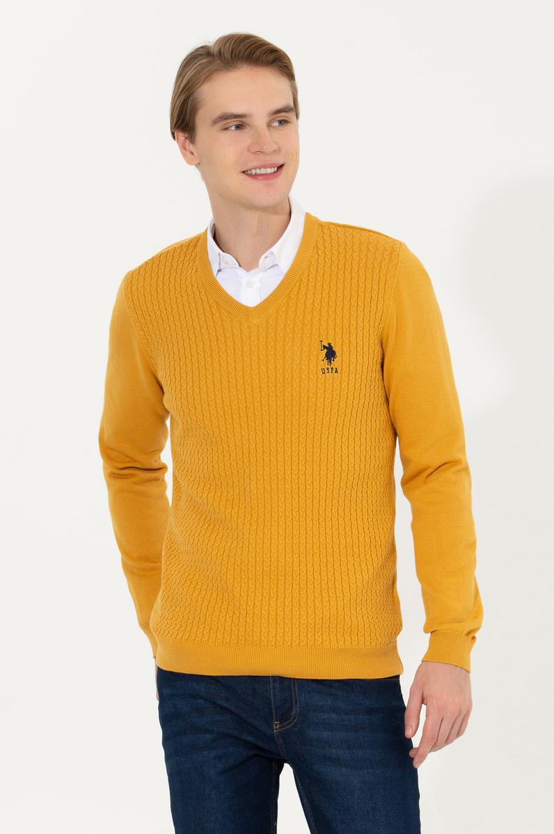 Erkek Safran V Yaka Basic Triko Kazak