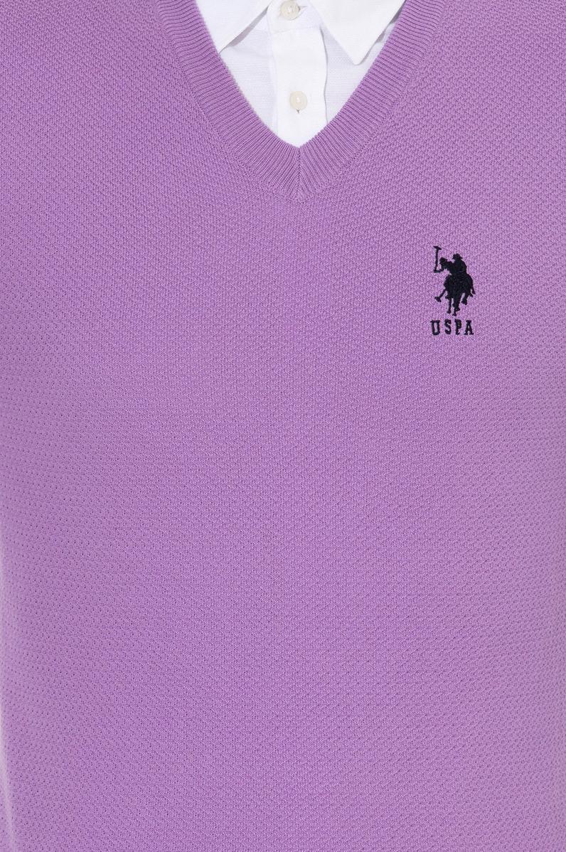 Erkek Lila V Yaka Basic Triko Kazak