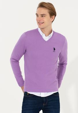 Erkek Lila V Yaka Basic Triko Kazak - 50251877151