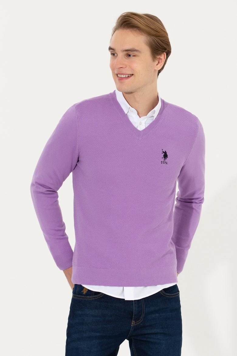 Erkek Lila V Yaka Basic Triko Kazak