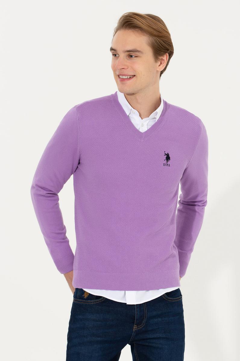 Erkek Lila V Yaka Basic Triko Kazak