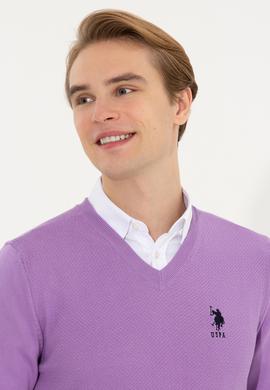 Erkek Lila V Yaka Basic Triko Kazak - 50251877151