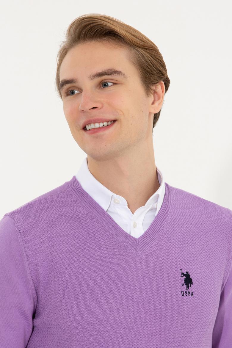 Erkek Lila V Yaka Basic Triko Kazak - 50251877151