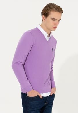 Erkek Lila V Yaka Basic Triko Kazak - 50251877151